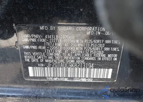 2019 Subaru Crosstrek 2.0I Premium z USA, uszkodzony, nr VIN JF2GTADC9K8213194